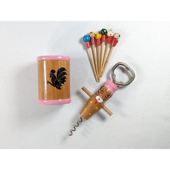 Vintage 1950s pink wooden bartender lady bottle opener and patrons toothpick - Picture 2 of 10